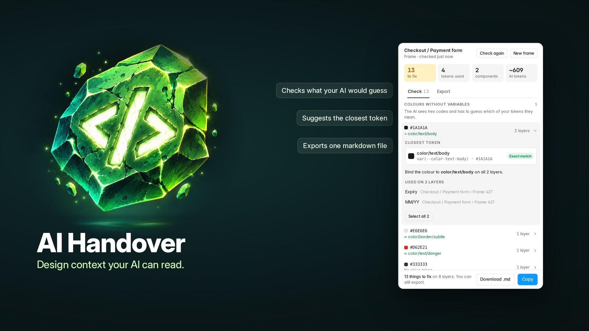AI Handover, a glowing green rune stone, beside the plugin window listing 13 things to fix in a payment form