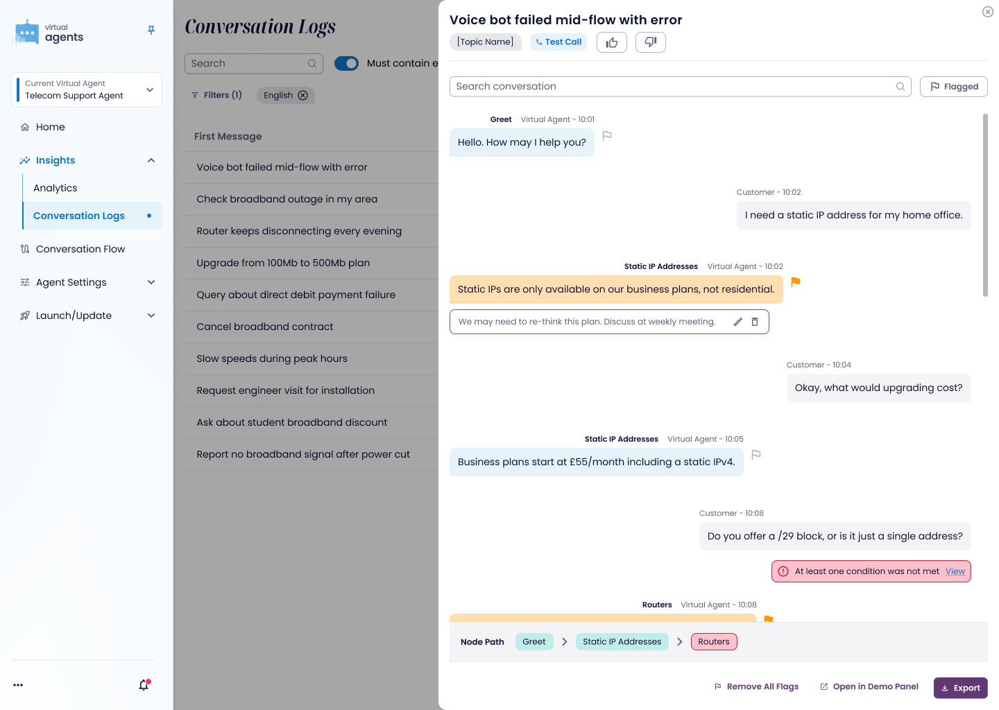 A conversation open beside the results, with per-message attribution, a flagged response, a note, an unmet-condition error and the node path